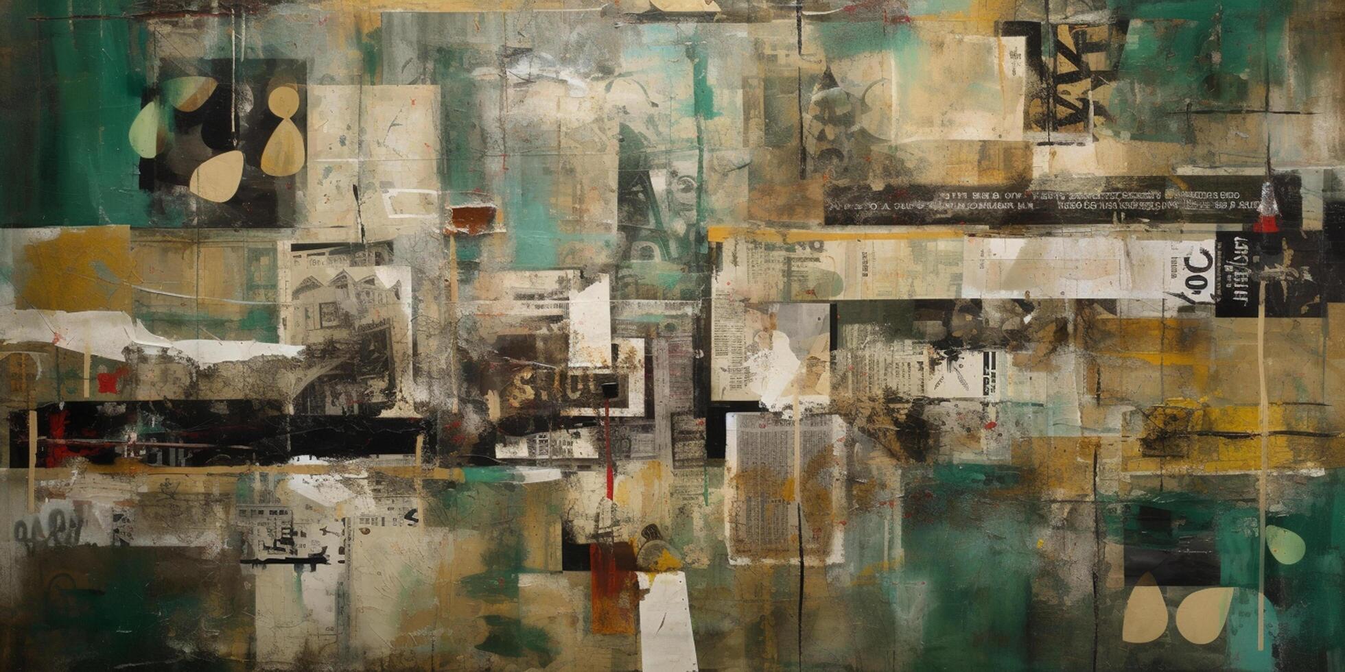 Ethereal Cityscape A Vibrant Fusion of Mixed Media, Stylized Urban Art, and Light Gold-Green Palette on Canvas photo