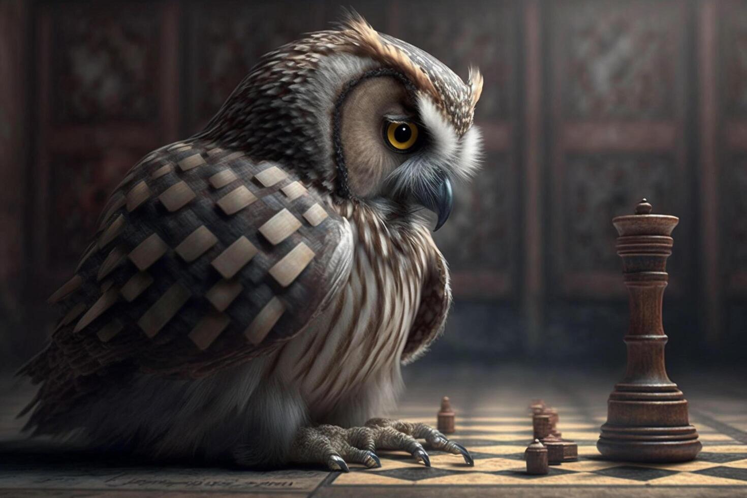 sly serious owl thinks and plays chess photo