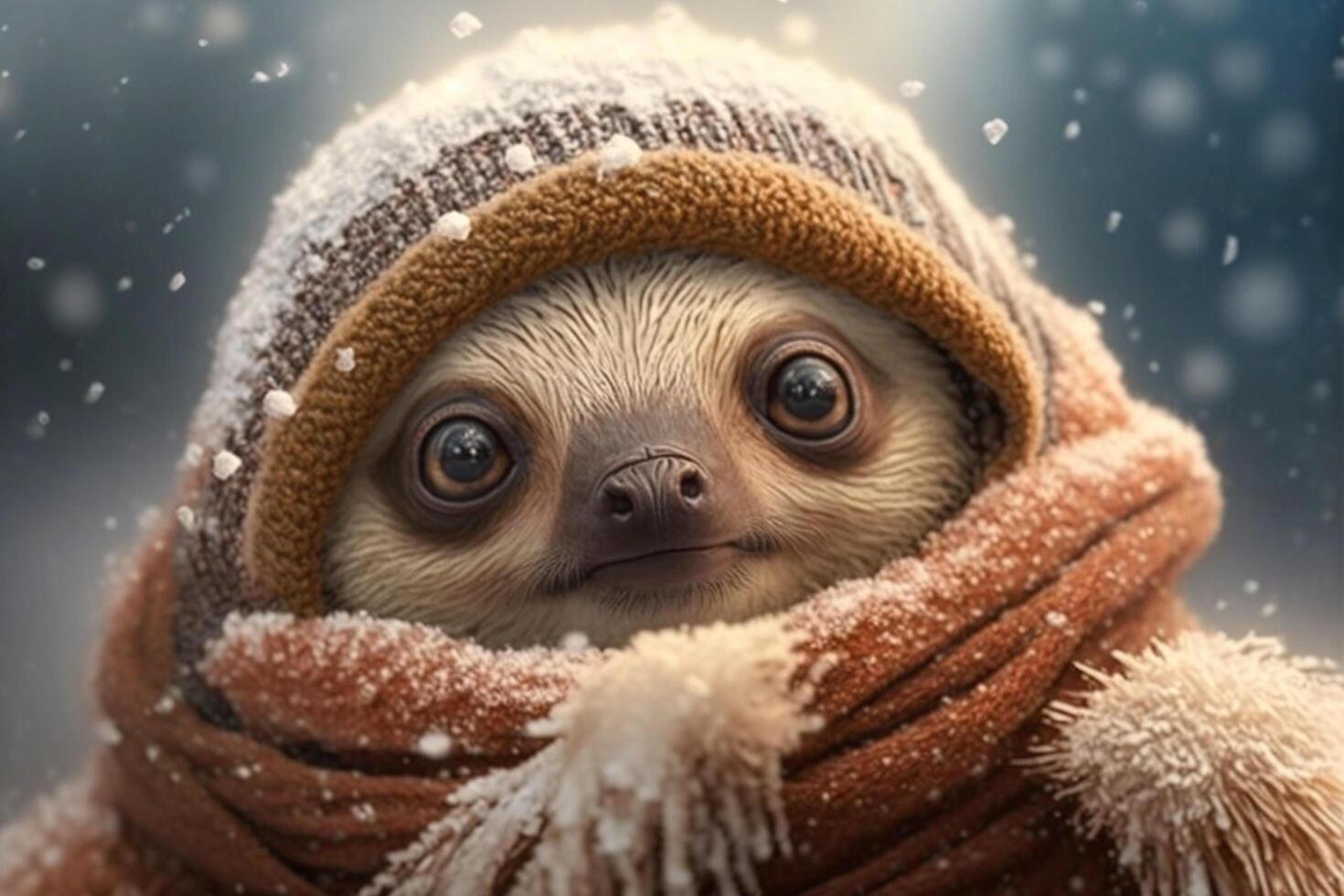 Cute sloth in hat and scarf in winter with snow photo