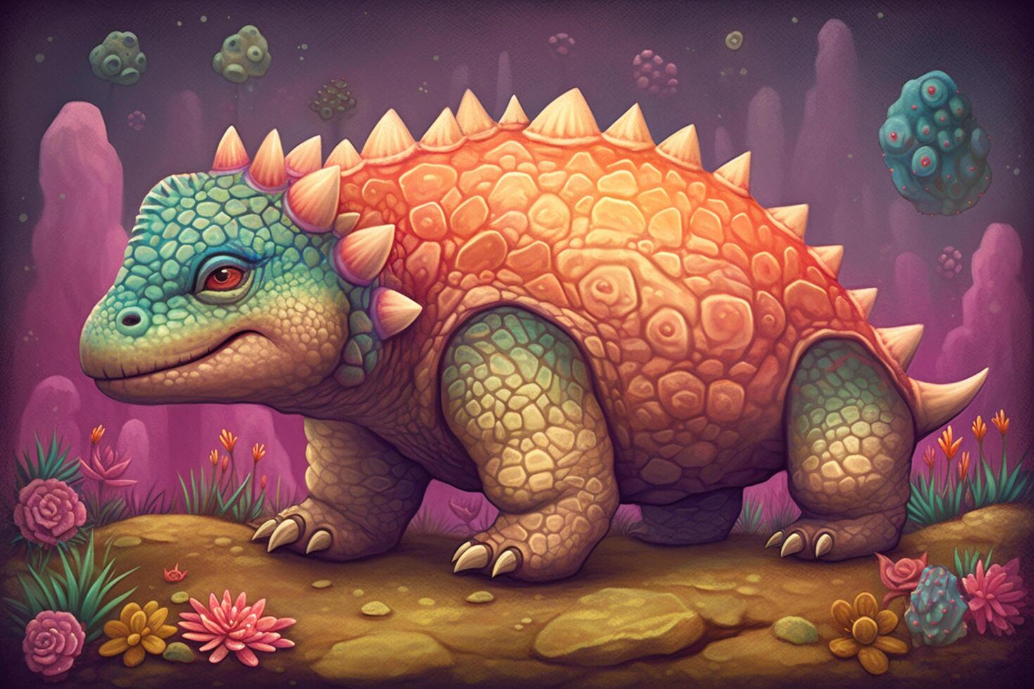 Whimsical and Colorful Digital Art Hilarious Ankylosaurus Dinosaur Comic Illustration photo