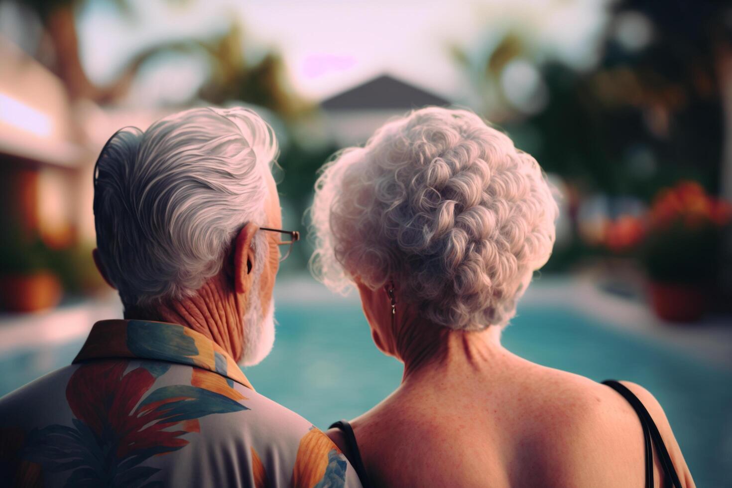 Love and Leisure in Old Age Embracing Dreams on Vacation by the Pool AI generated photo