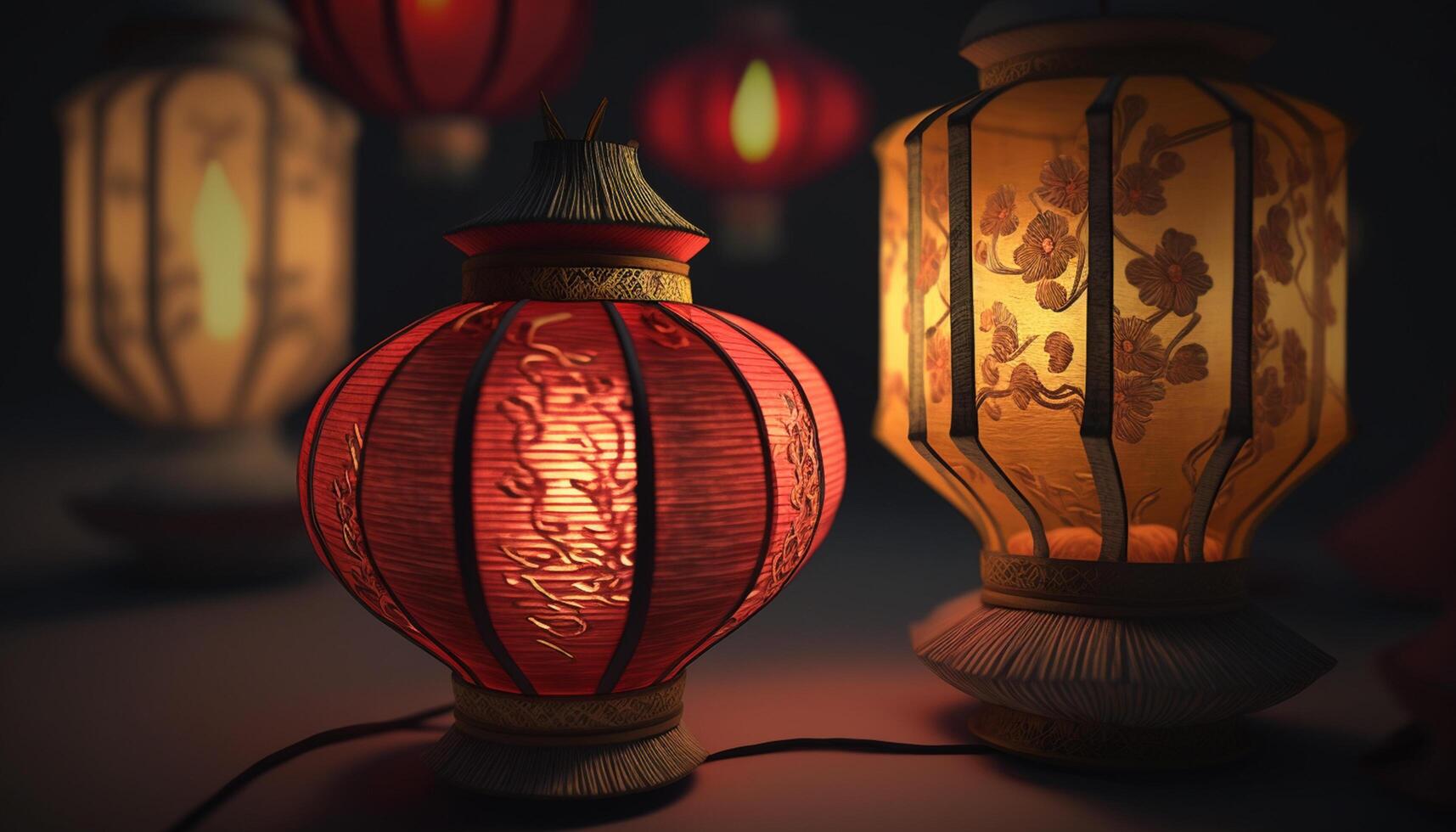 Vibrant Chinese Paper Lanterns Hanging in a Festive Setting photo