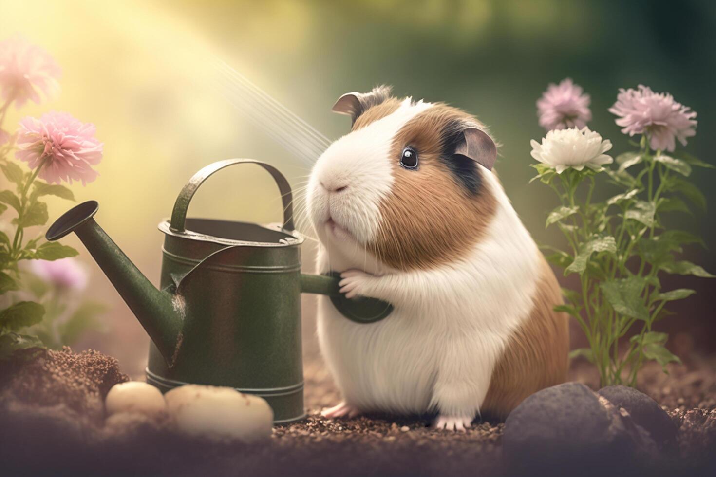 Funny guinea pig watering flowers with the watering can in the garden photo