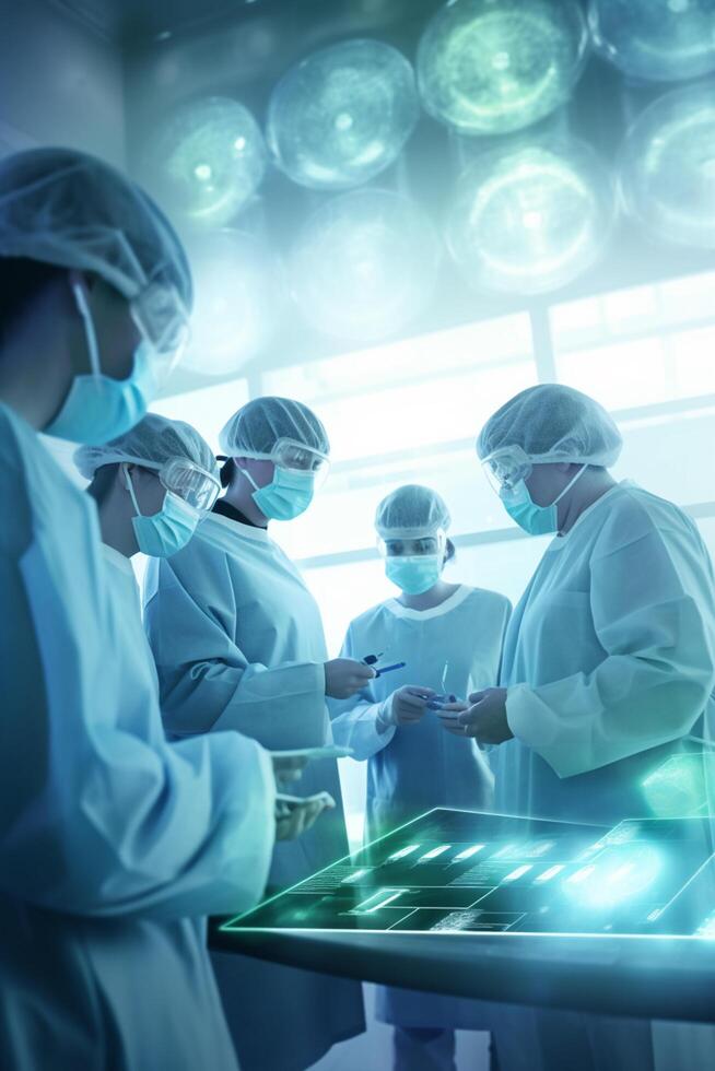 Medical team with surgical masks working in a high-tech laboratory photo