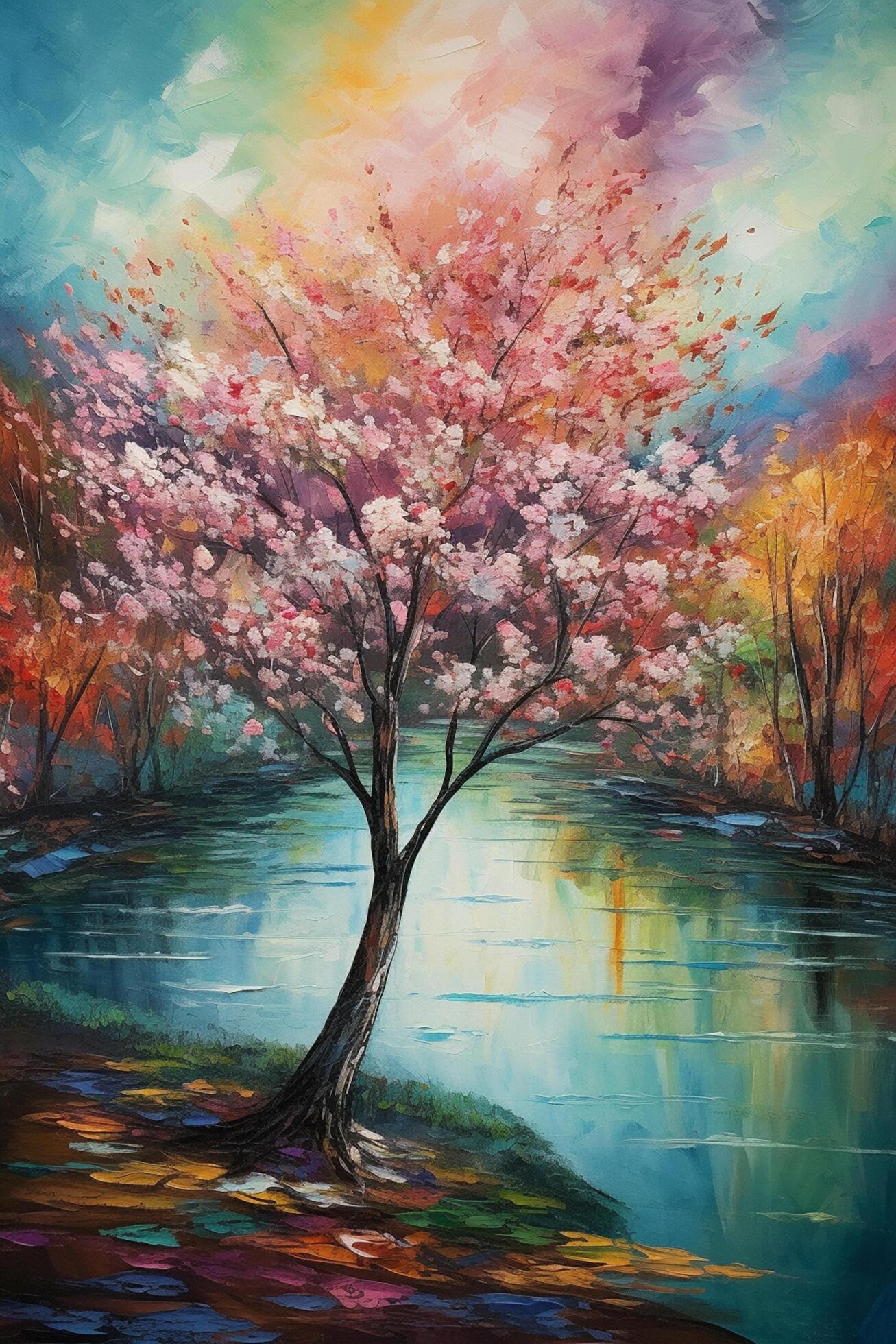 Springtime Bliss A Magnificent Painting of Pink Blossoming Trees Along ...