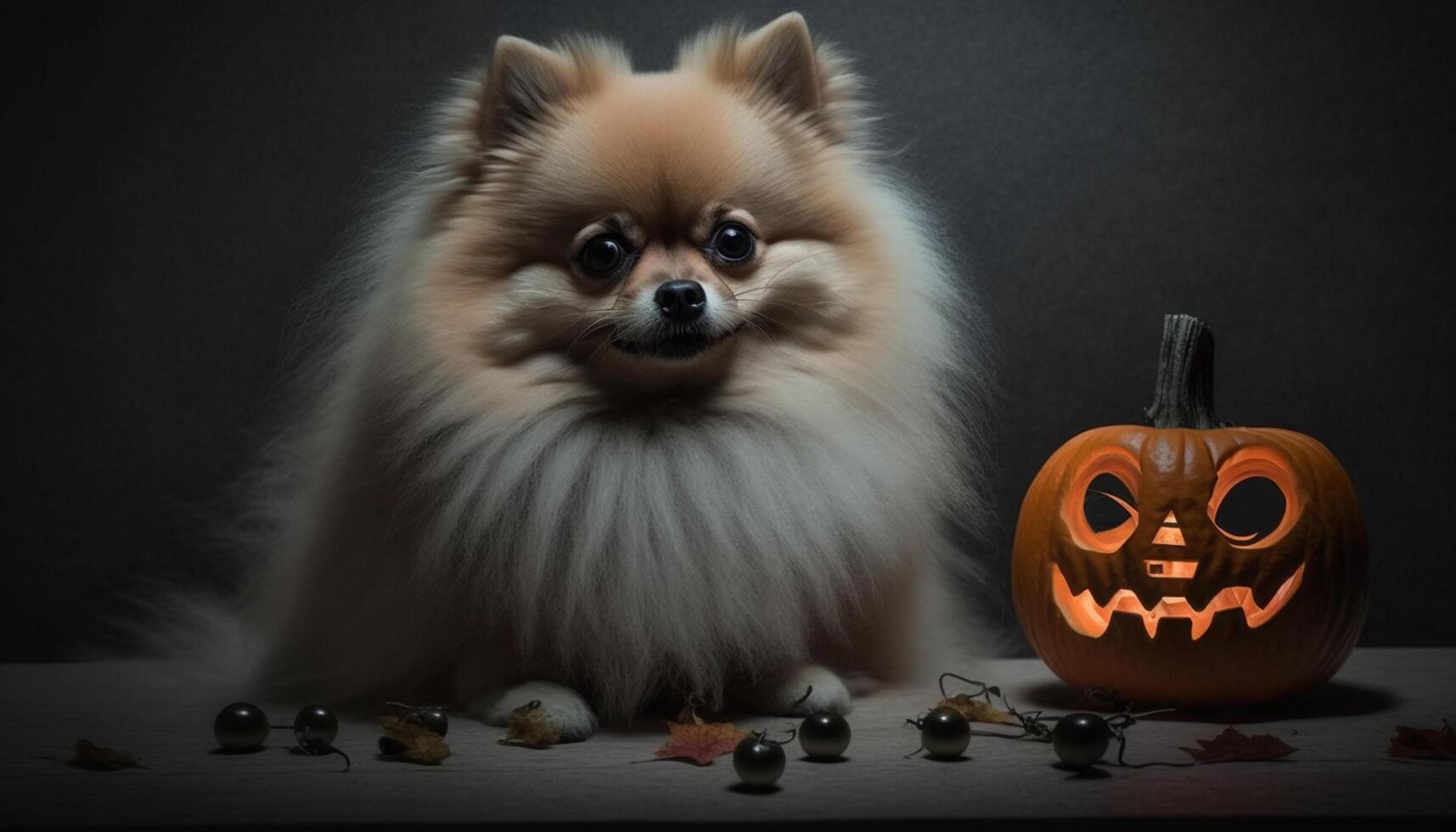 Adorable Pomeranian dog posing with a Halloween pumpkin photo