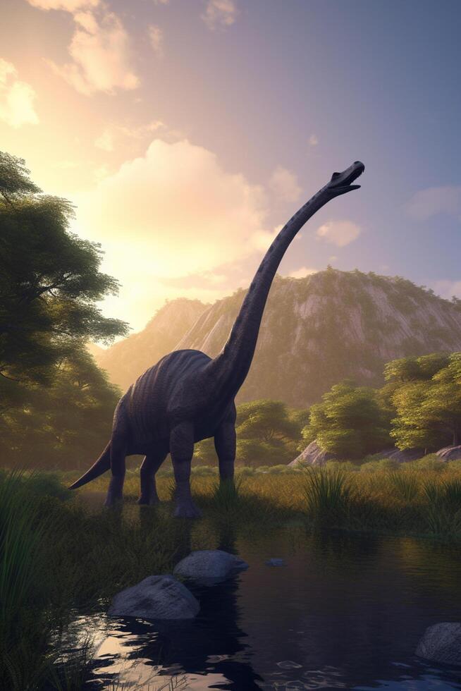 Majestic Giants of the Prehistoric World A Realistic Illustration Showcasing the Brachiosaurus in an Enchanting Prehistoric Landscape photo