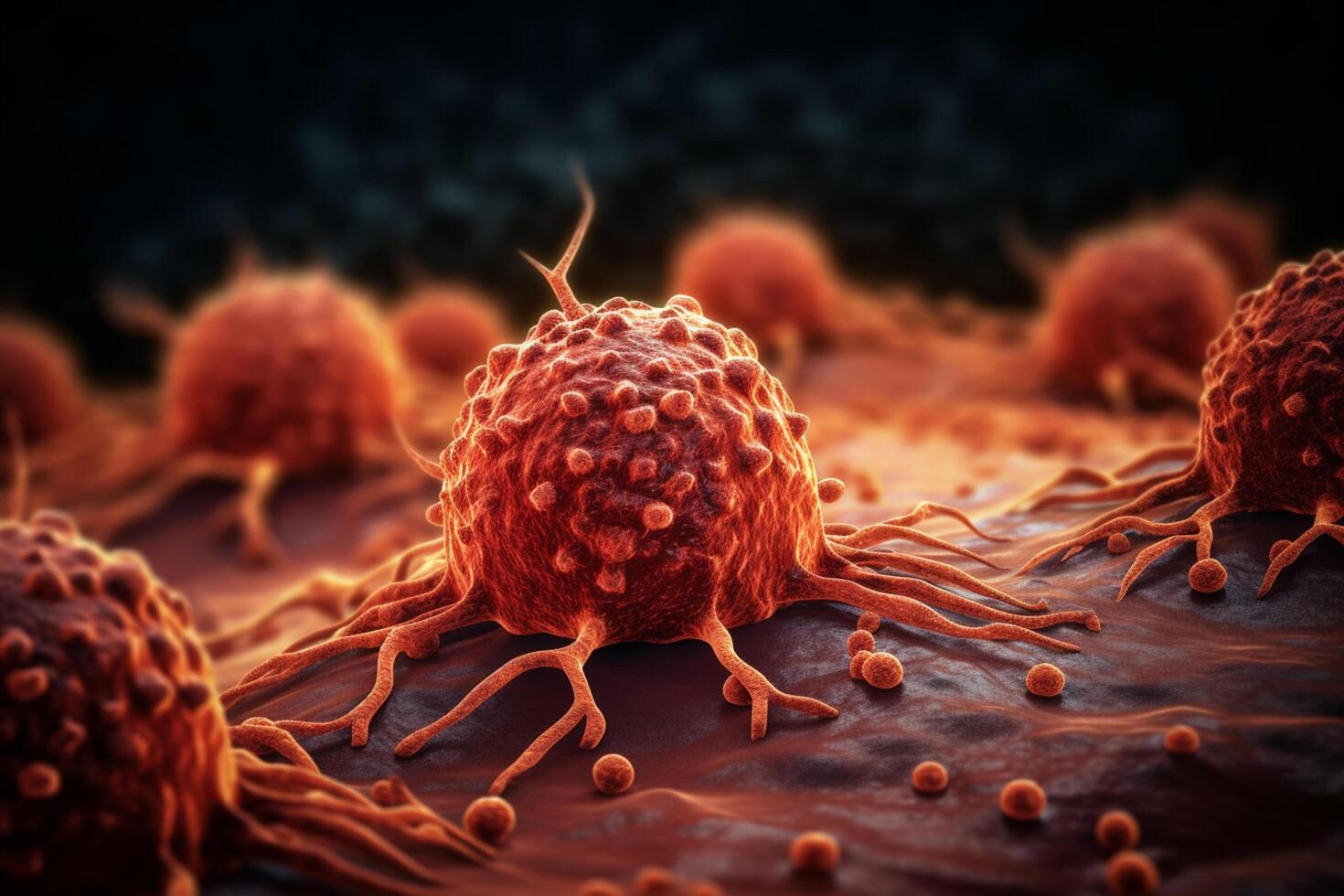 Exploring the Intricacies of Cellular Life A Mesmerizing 3D Illustration Showcasing the Microscopic World of Cancer Cells photo