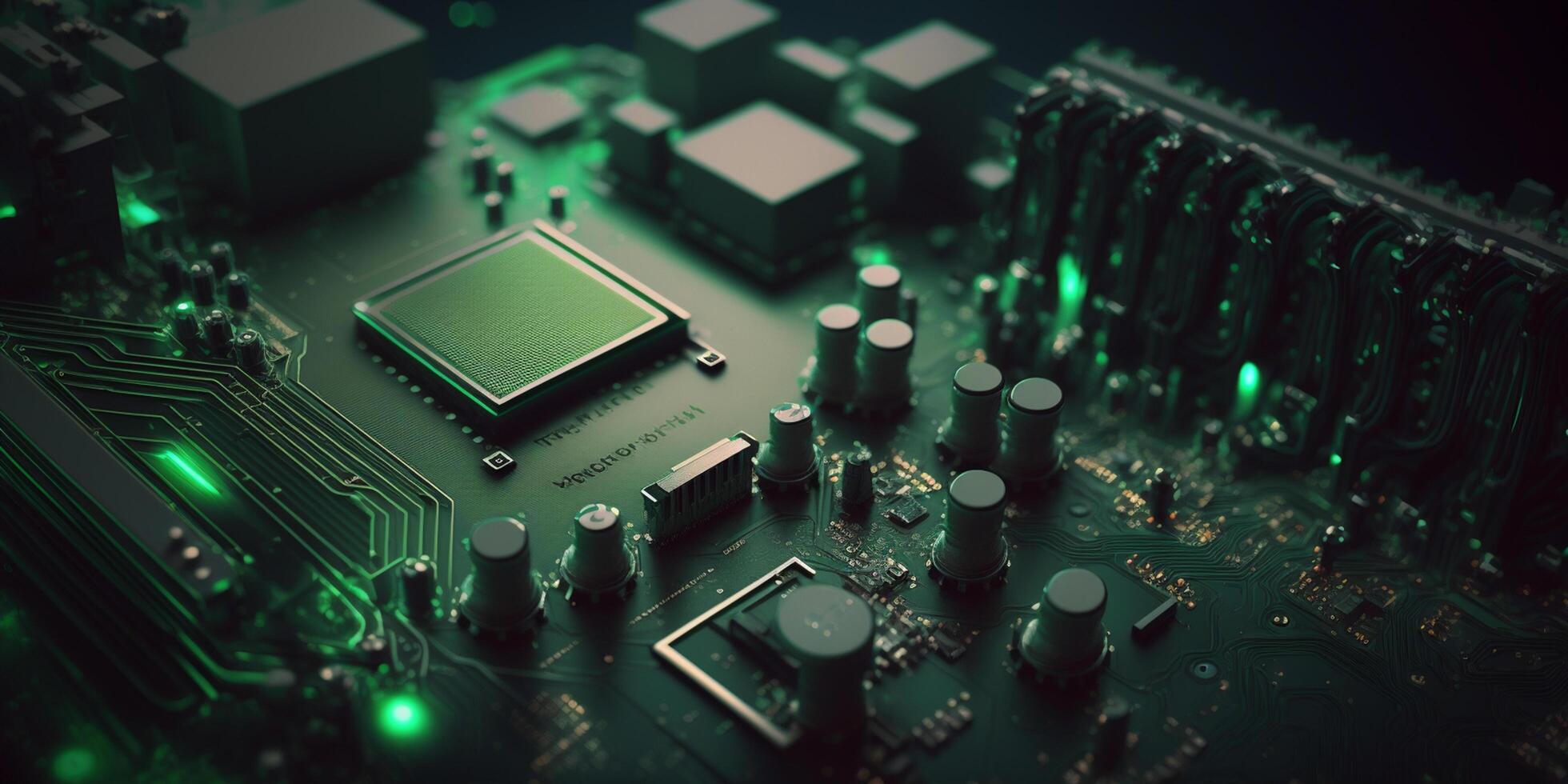 Green Motherboard Close-Up with Processor, Bokeh Effect photo