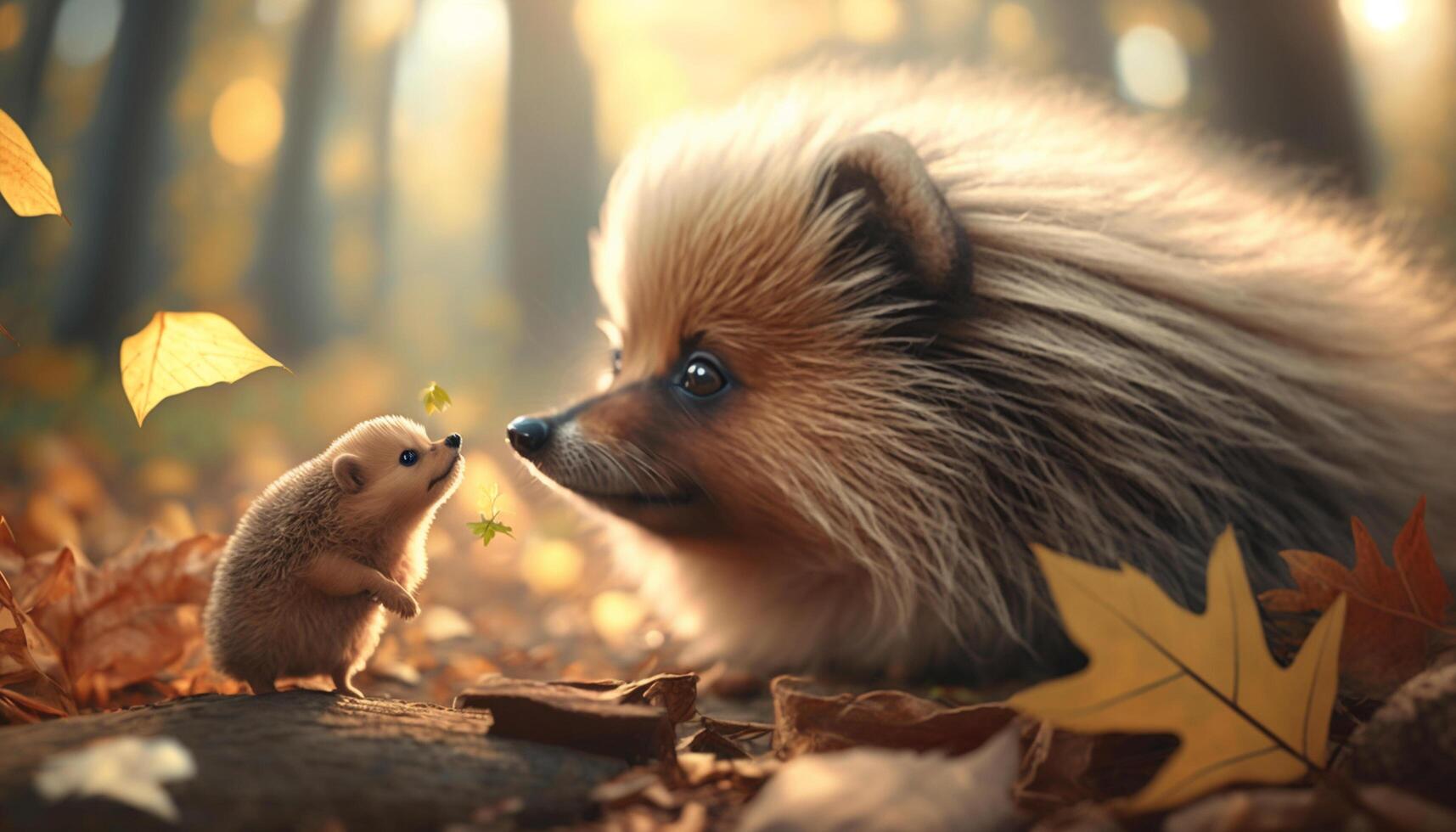 Adorable Pomeranian dog and a little hedgehog sniffing each other in autumn photo