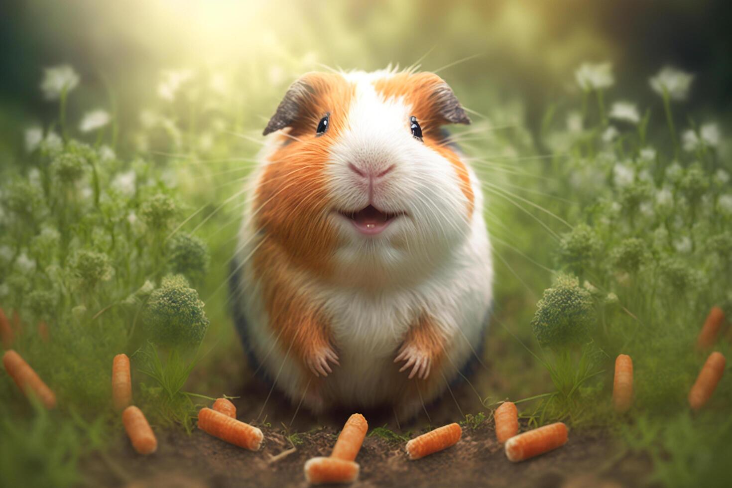 Funny guinea pig sits between a lot of delicious carrots photo