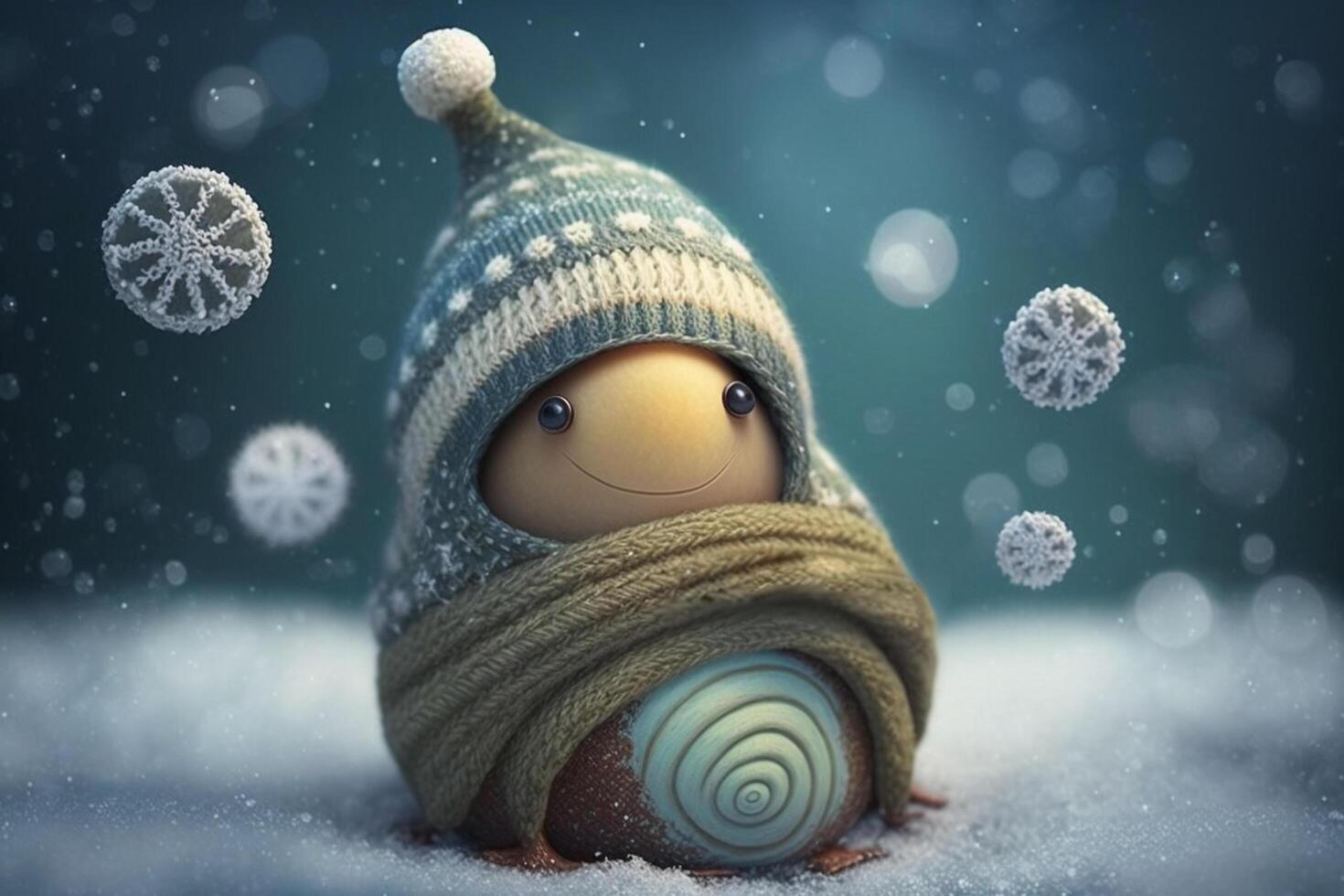 un gracioso contento Navidad caracol en el nieve ai generado foto