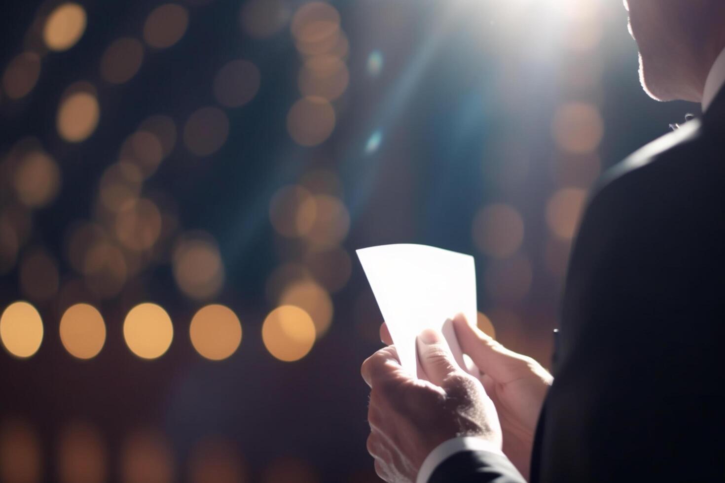 Keynote Speaker on Podium with Script and Microphone in Bright Spotlight at Business Conference photo