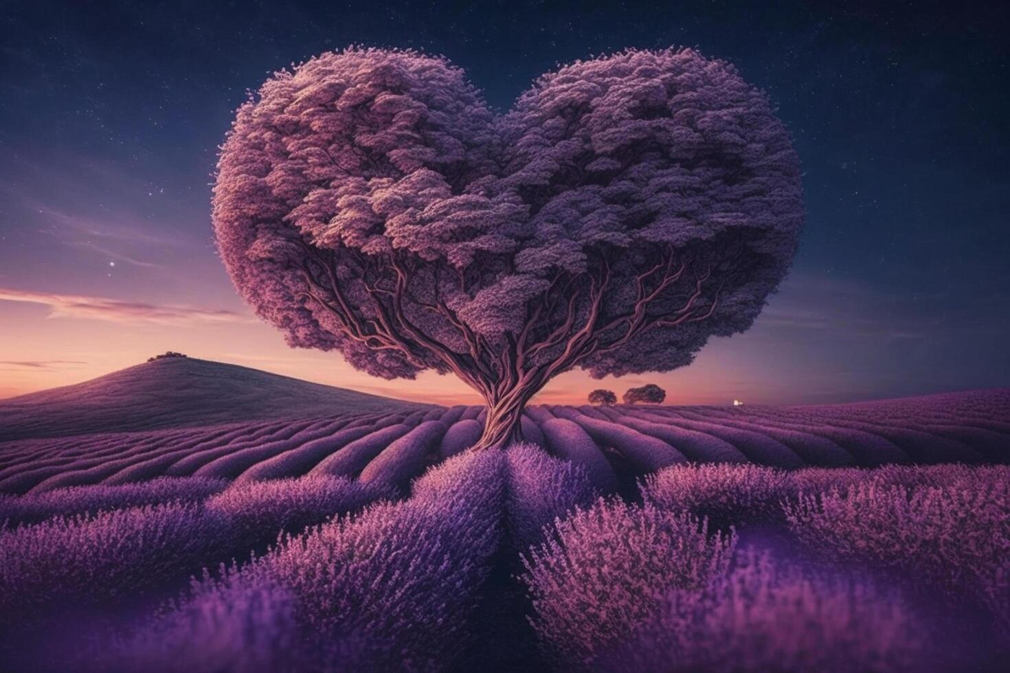 rojo florecer árbol en corazón forma con felicidad. enamorado árbol para decoración romántico concepto. lavanda campo ai generado foto