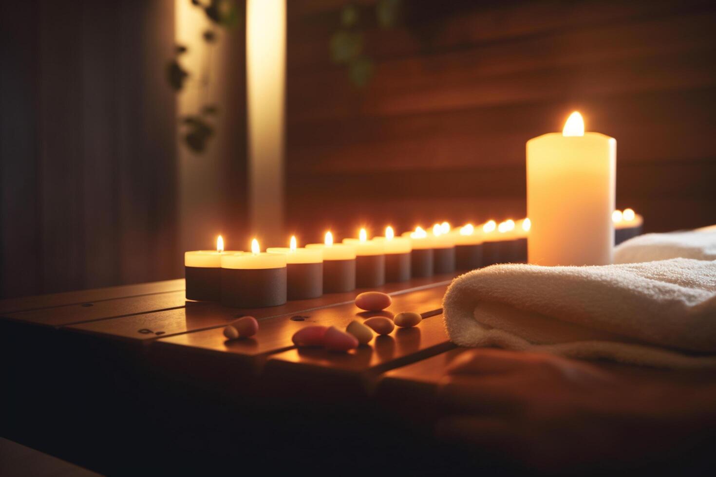calmante luz de una vela masaje en relajación habitación a spa ai generado foto