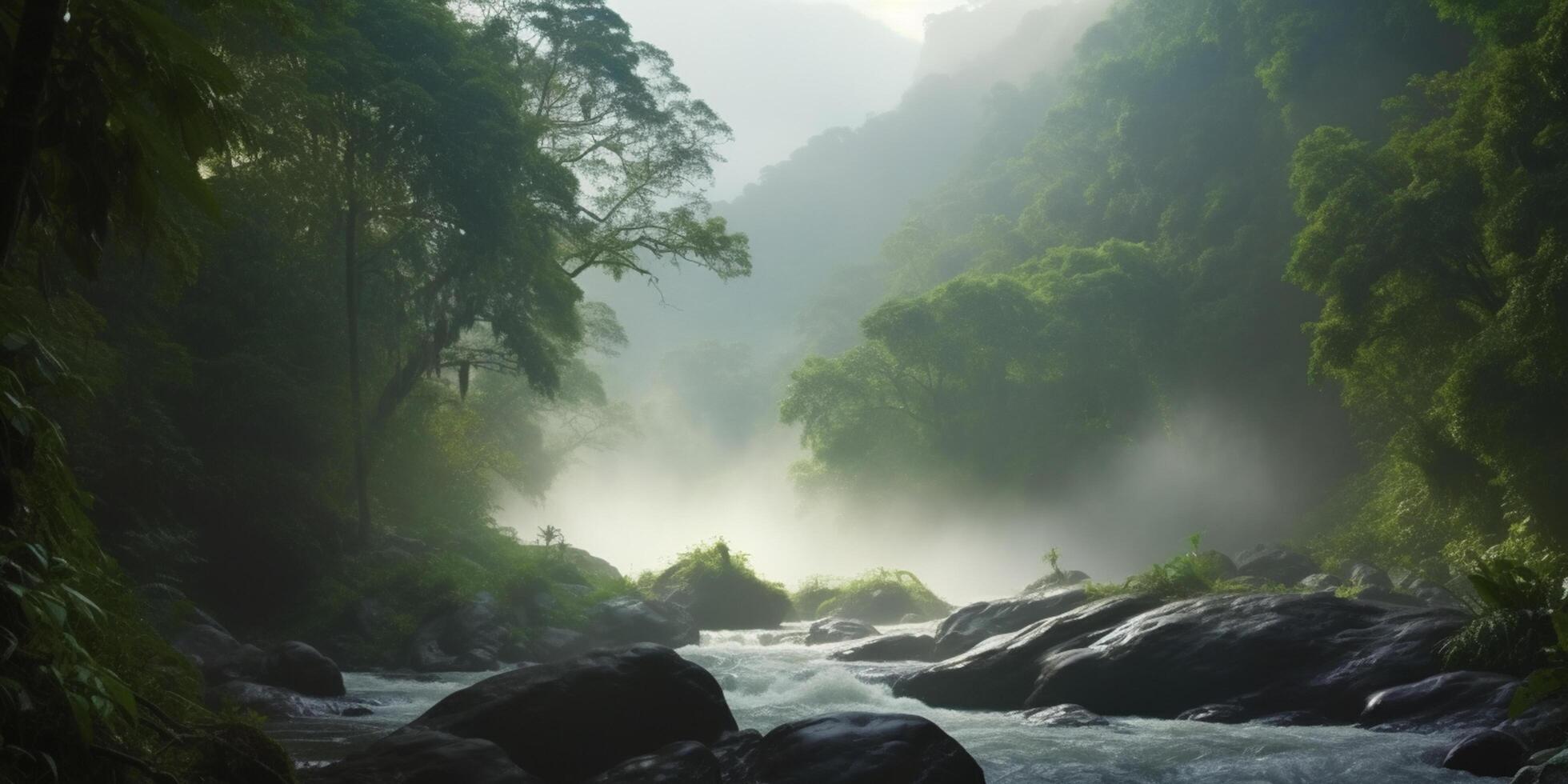 serenidad en el selva un río corriendo mediante el verdor ai generado foto