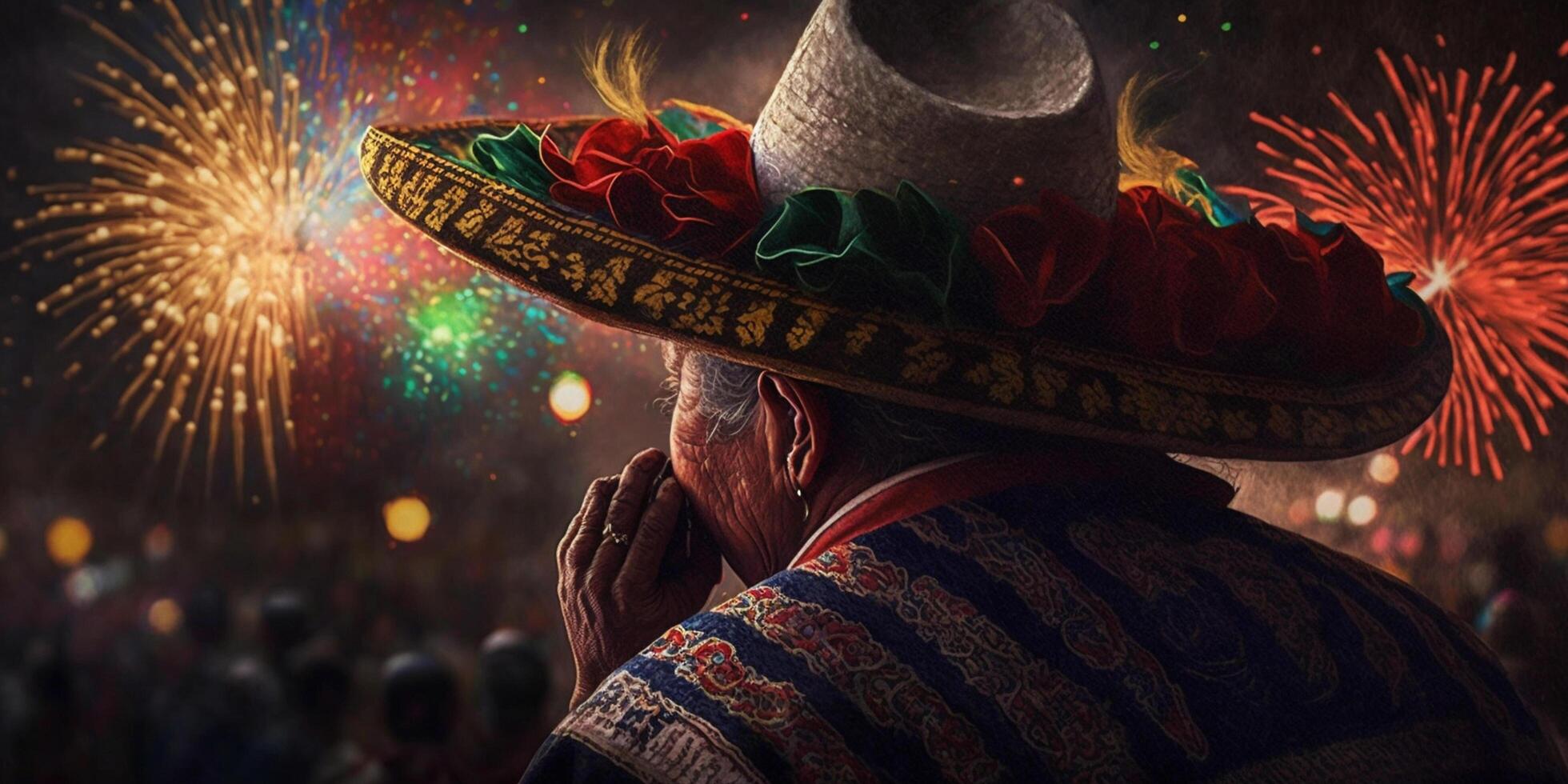 celebrando nuevo años con un hombre en tradicional mexicano ropa y un mexicano sombrero ai generado foto