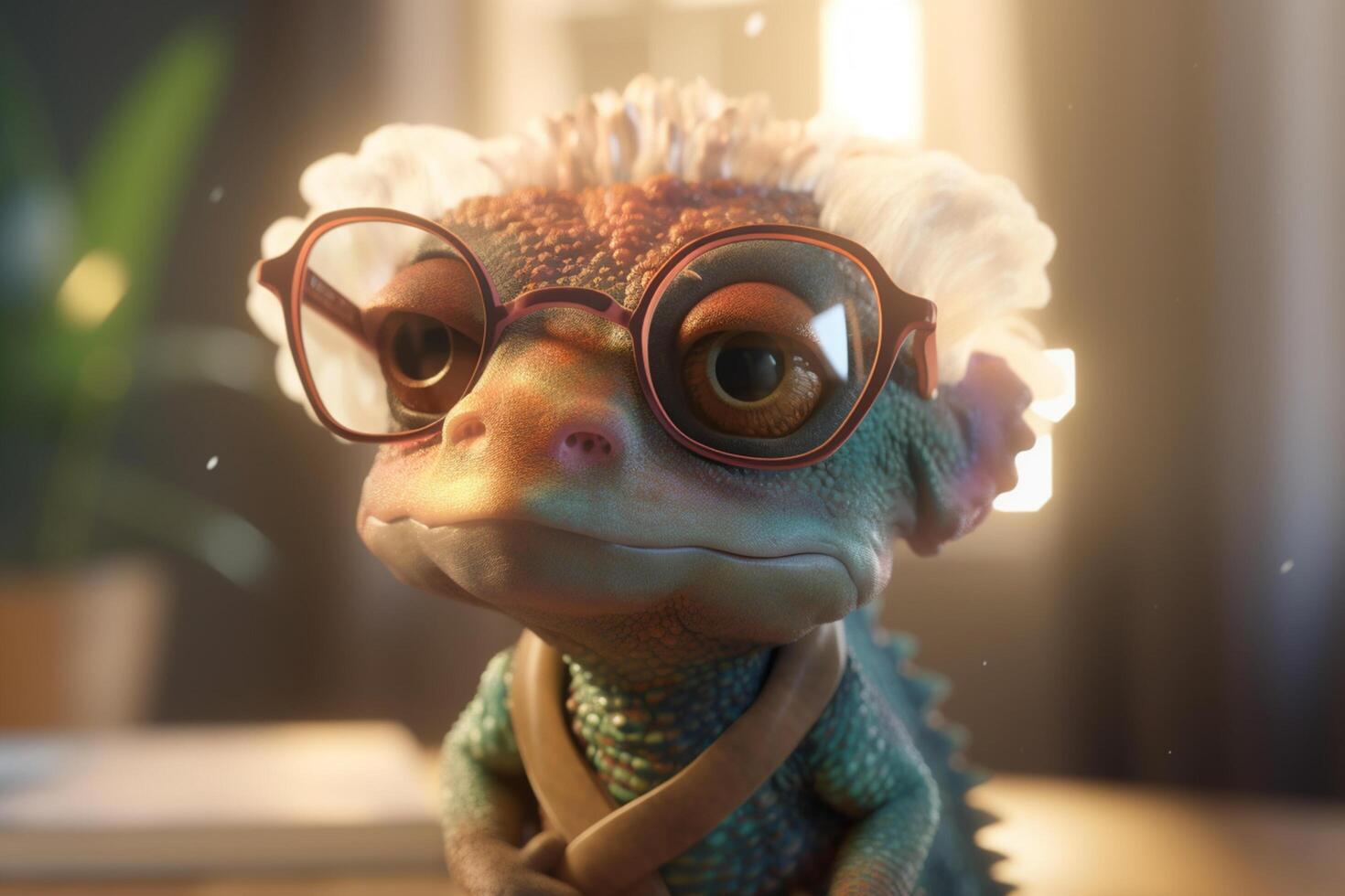 The Mad Scientist Chameleon A Funny Photorealistic Cartoon Character with Glasses and Messy Hair photo