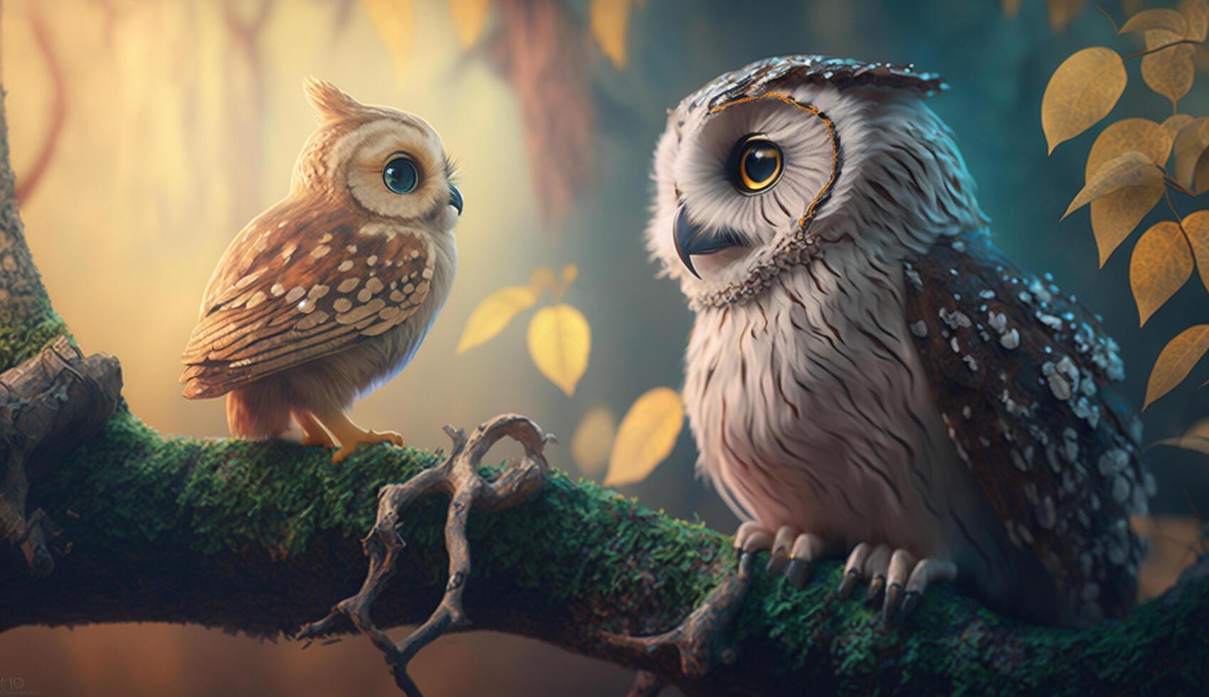 Father and Son Owls Perched on a Branch photo