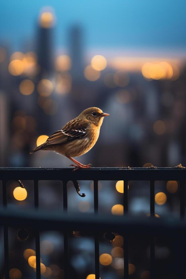 Wild bird perched on steel railing of fire escape, with urban skyline during sunset in background photo