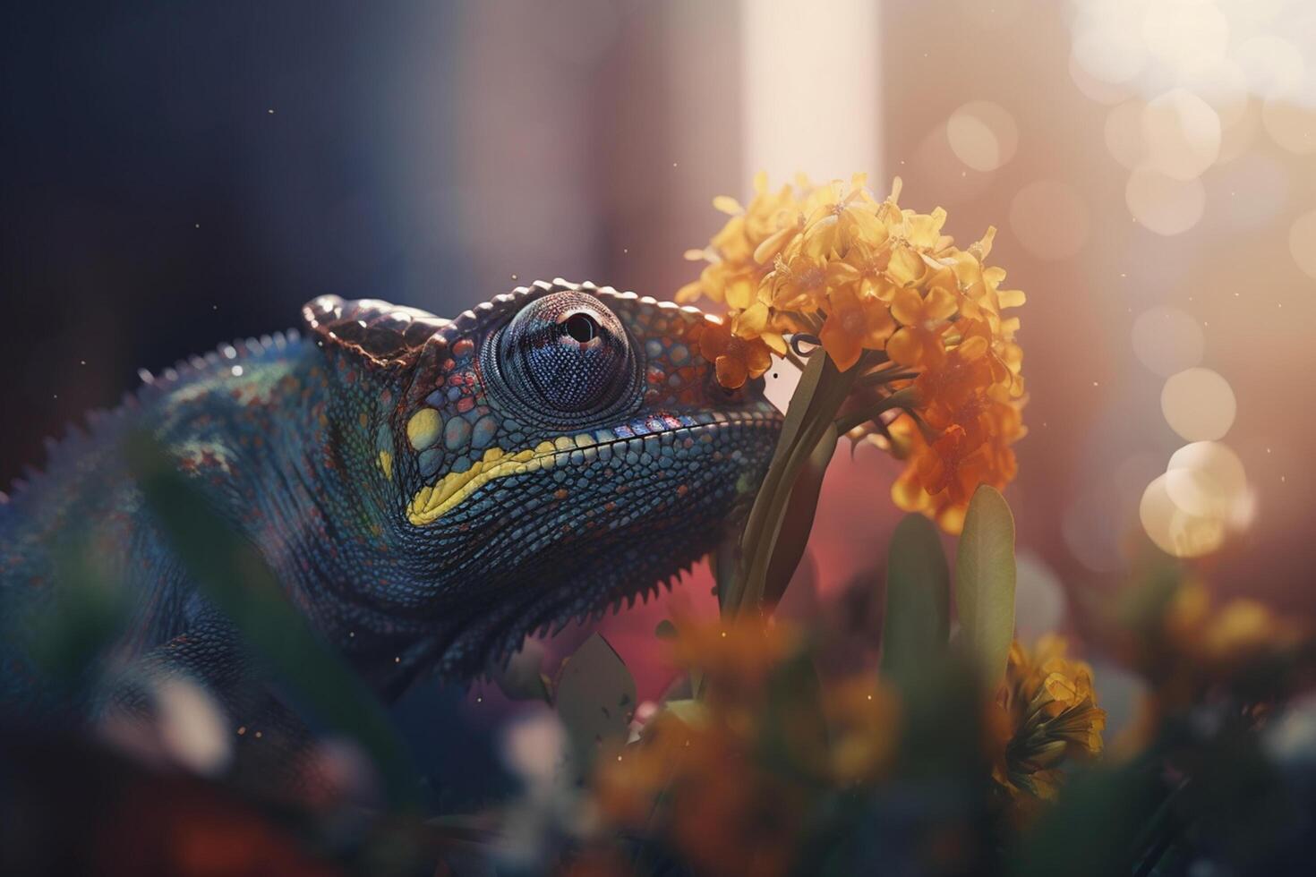 Colorful chameleon resting among vibrant flowers photo