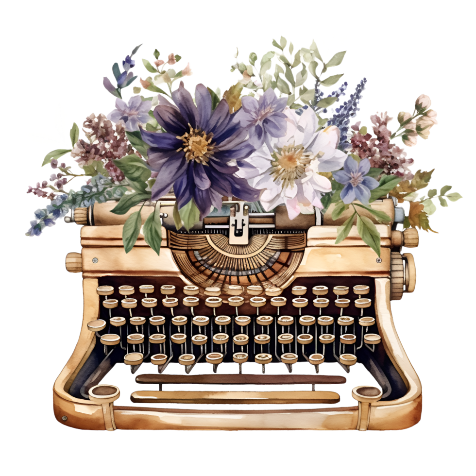 Clásico máquina de escribir flores acuarela clipart ai generado png