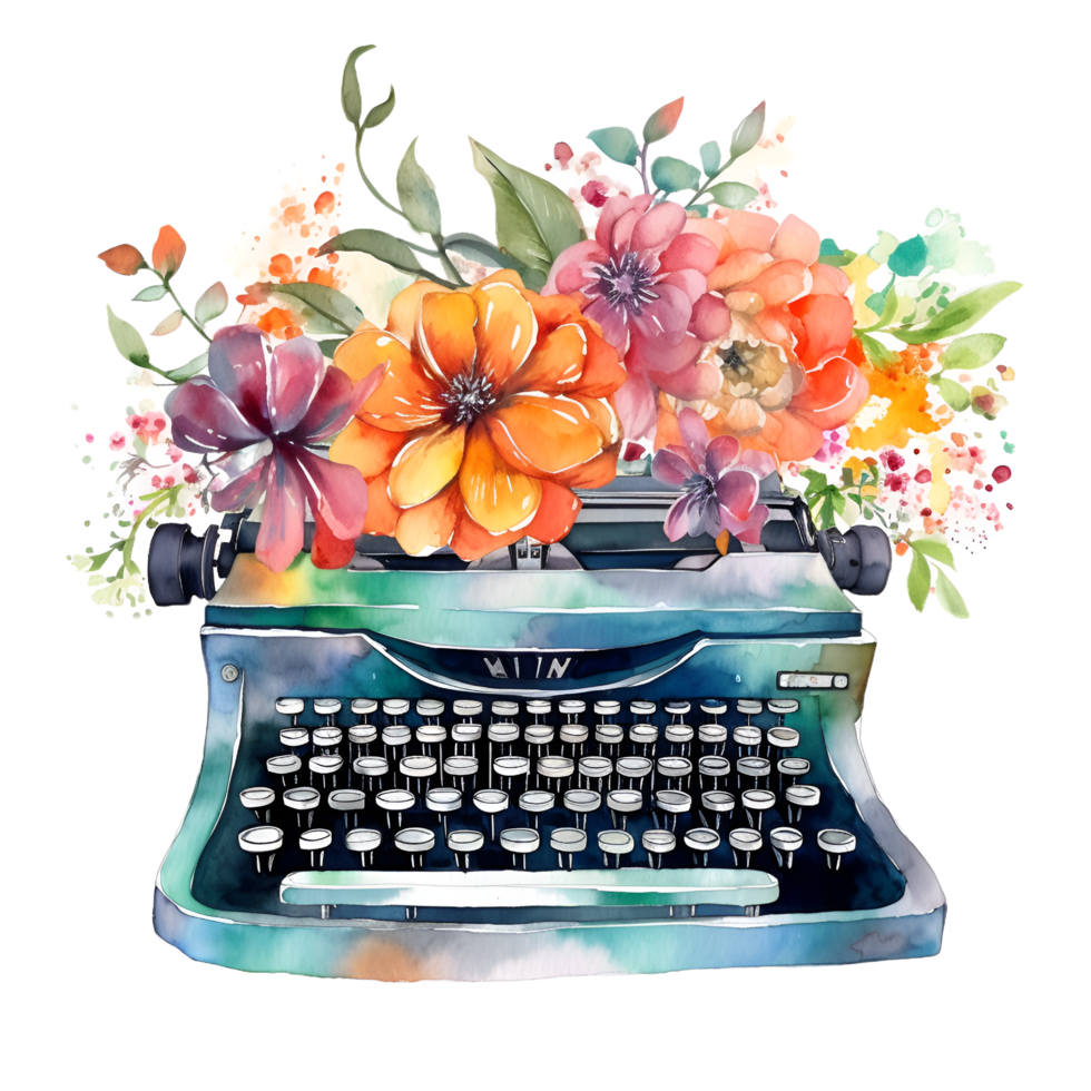 Clásico máquina de escribir flores acuarela clipart ai generado png