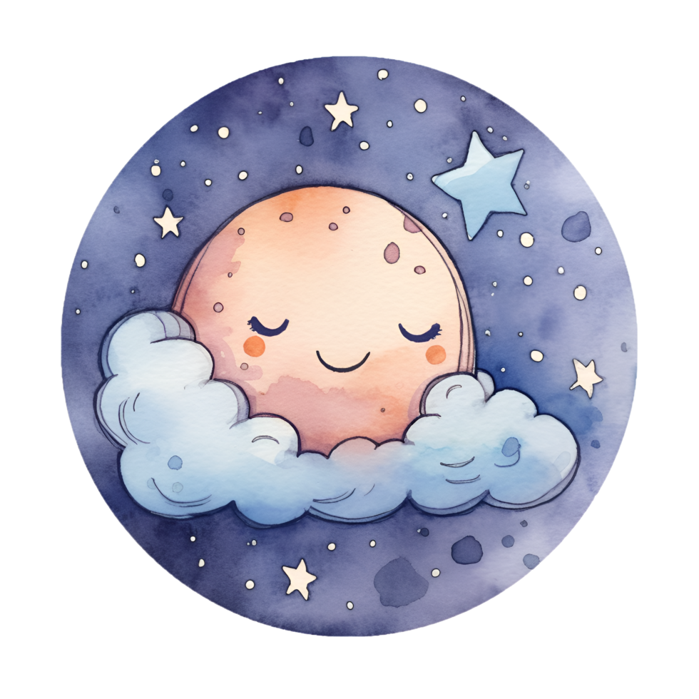 kawaii Luna noche cielo acuarela clipart ai generado png