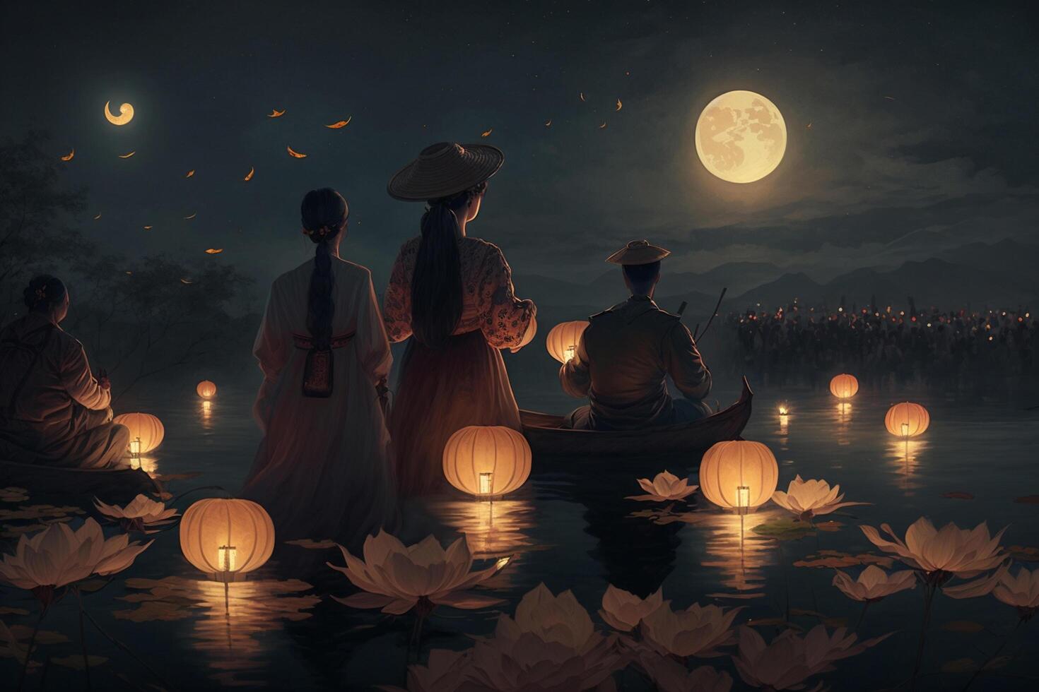 encantador chino linterna festival por el lago ai generado foto