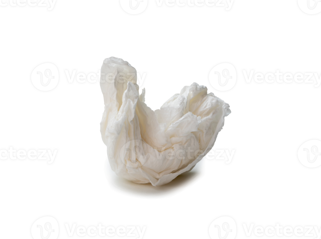 Single white screwed or crumpled tissue paper or napkin in strange shape after use in toilet or restroom isolated with clipping path and shadow in png file format