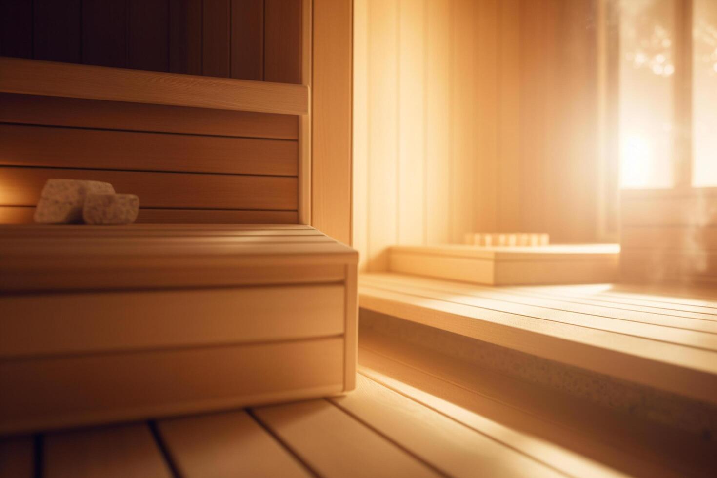 Serene Sauna Oasis Warm Wooden Interior Bathed in Sunlight photo
