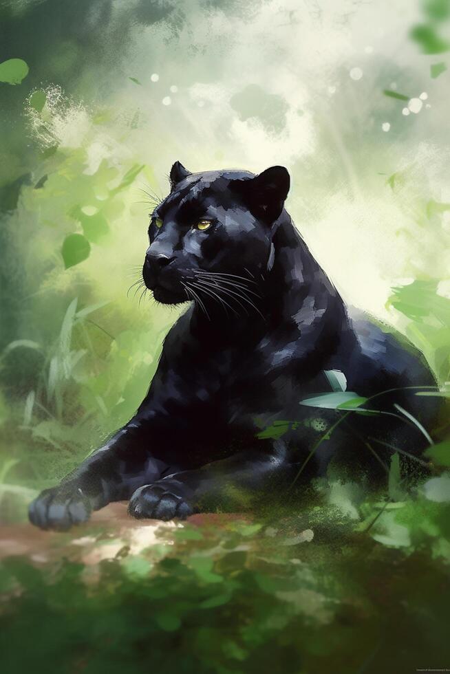 In the Jungle, the Mighty Panther Rests Amongst the Greenery An Aquarelle Painting photo