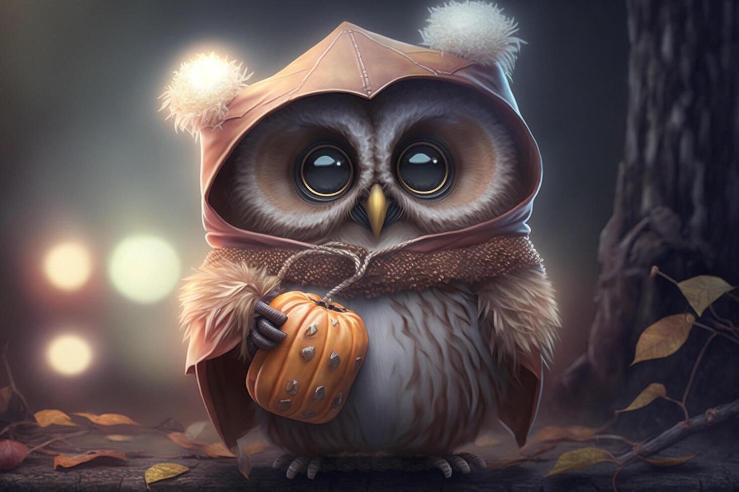 Cute owl kid with Halloween costume collects candy photo