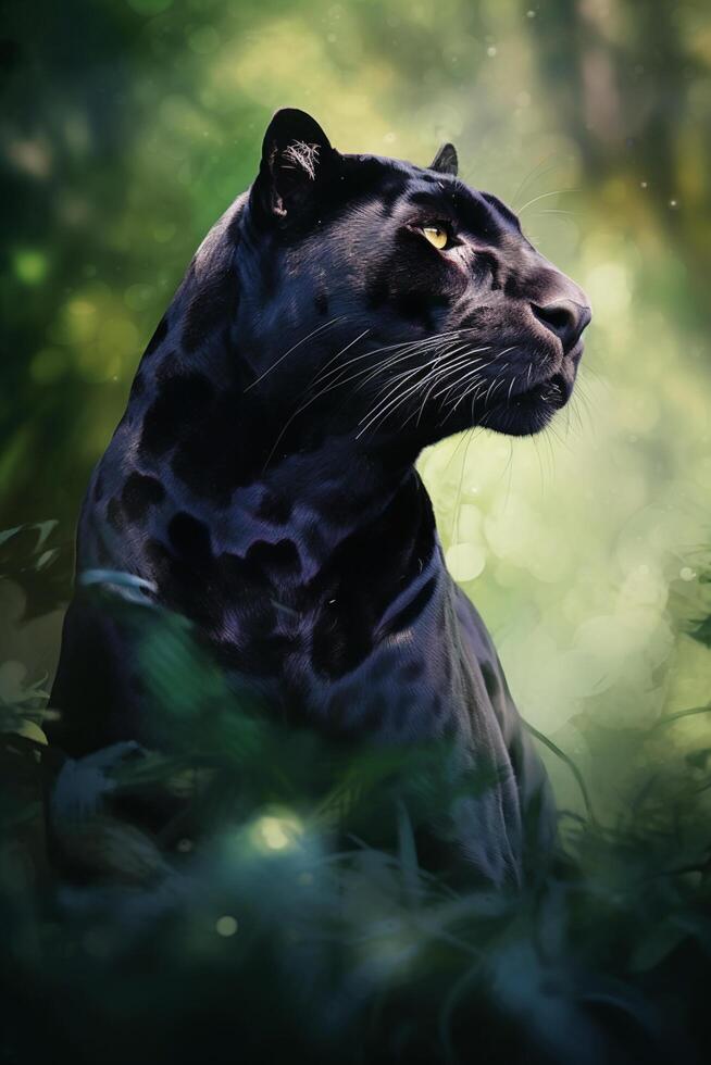 In the Jungle, the Mighty Panther Rests Amongst the Greenery An Aquarelle Painting photo