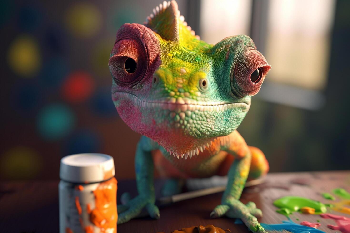 The Colorful Chameleon A Creative Artist in His Studio Surrounded by Paints and Canvases photo