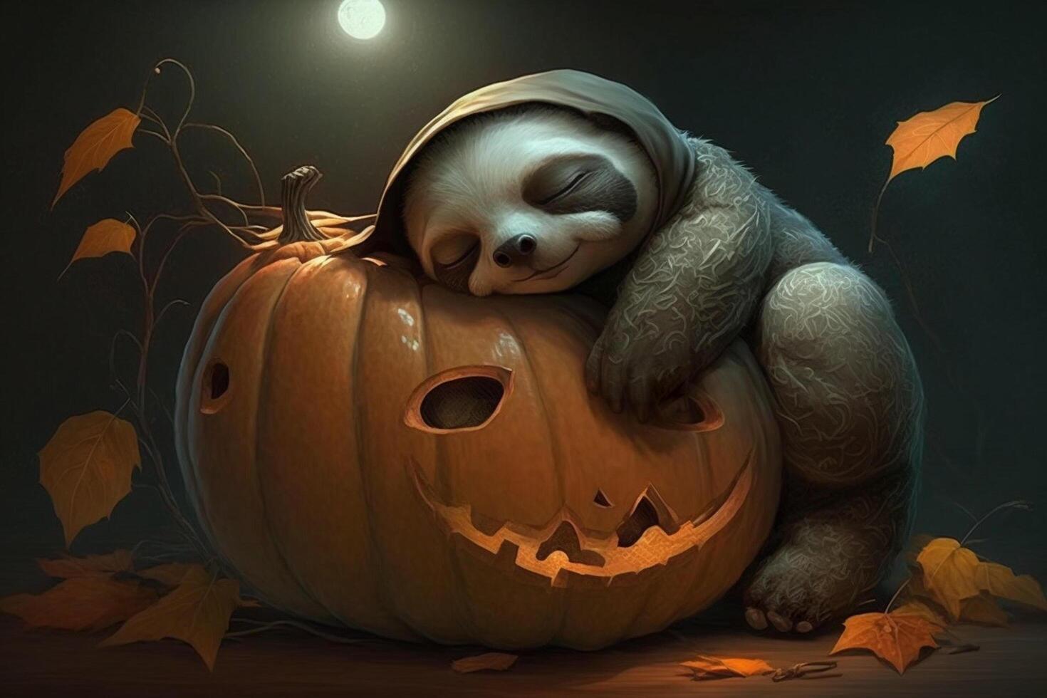 Exhausted tired sloth has fallen asleep on a Halloween pumpkin photo