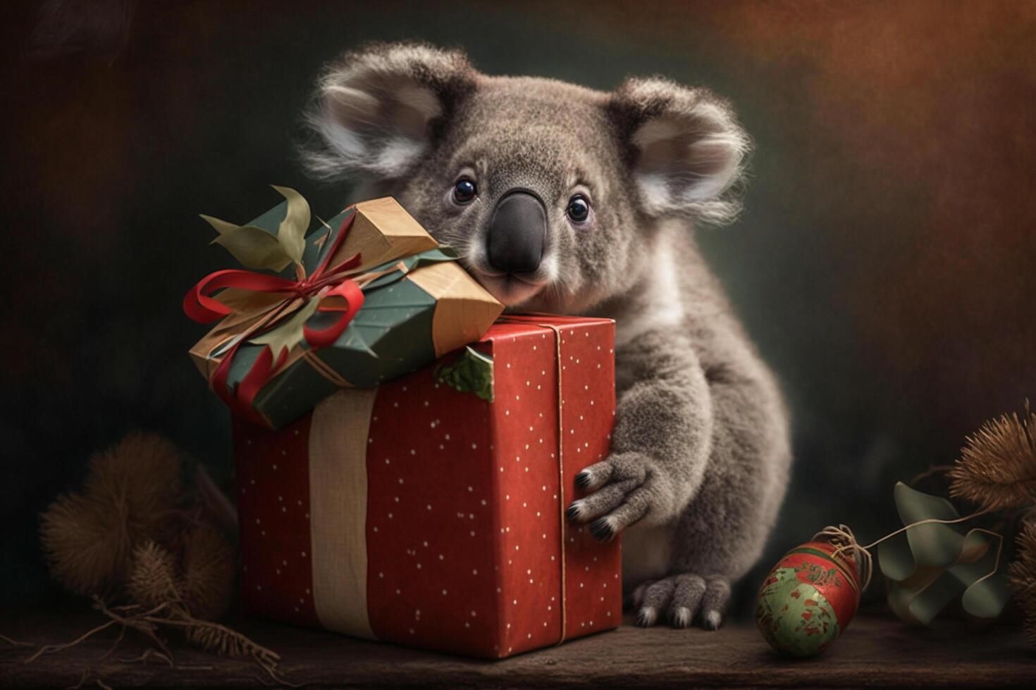 Koala sits between Christmas presents on Christmas Eve Content photo