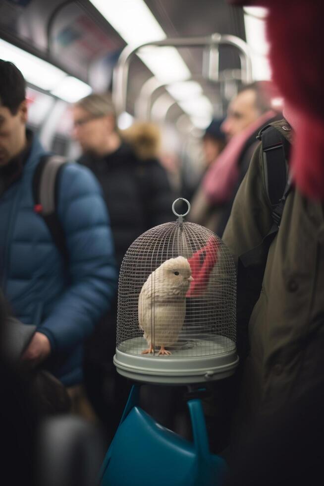 White bird in a cage on a subway train surrounded by people photo