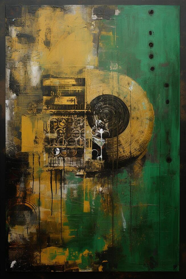 Industrial Elegance A Captivating Fusion of Collages, Paint, and Green-Sepia Palette on a Grand Canvas photo