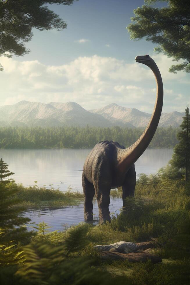 Graceful Giants Roaming the Prehistoric Realm Realistic Illustration Showcasing the Diplodocus in a Serene Prehistoric Landscape photo