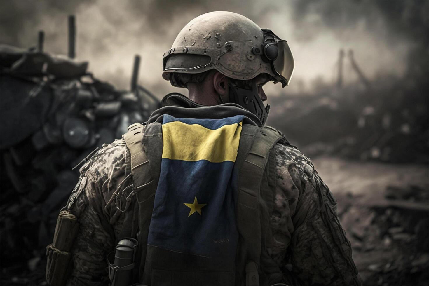 ukraine soldier in uniform from behind in warzone photo