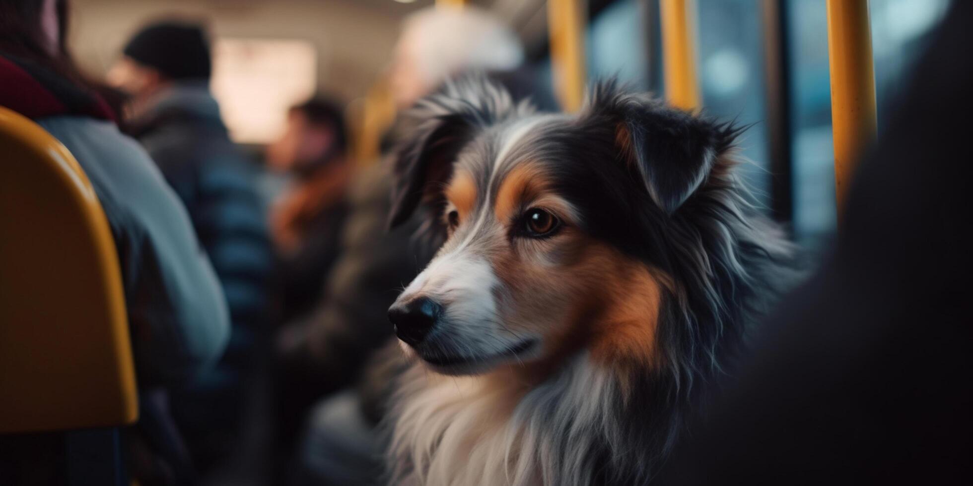 paciente perro en público tránsito un perro en su del propietario regazo en un ocupado tranvía ai generado foto