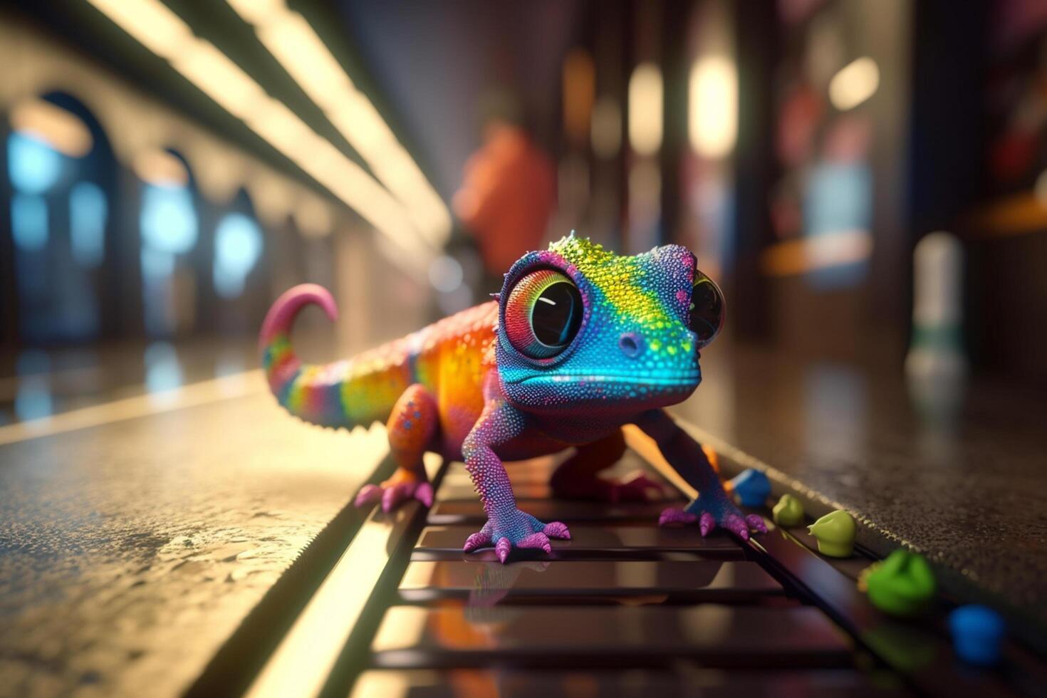 Colorful Cartoon Chameleon on Subway Tracks photo