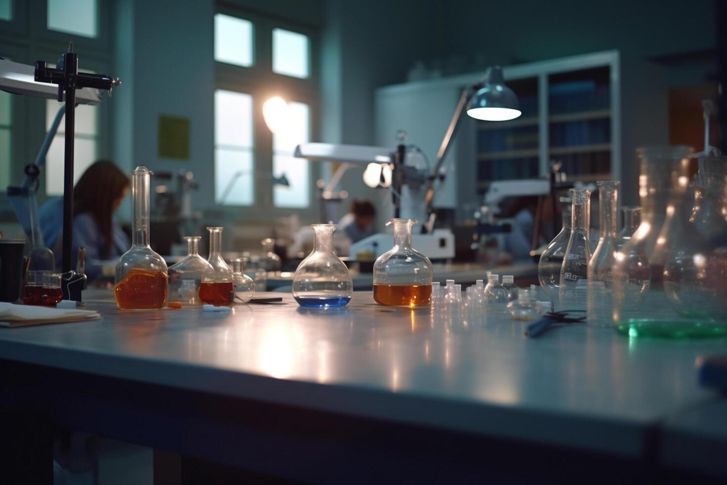 Illuminated High School Chemistry Laboratory with Students Conducting Experiments photo