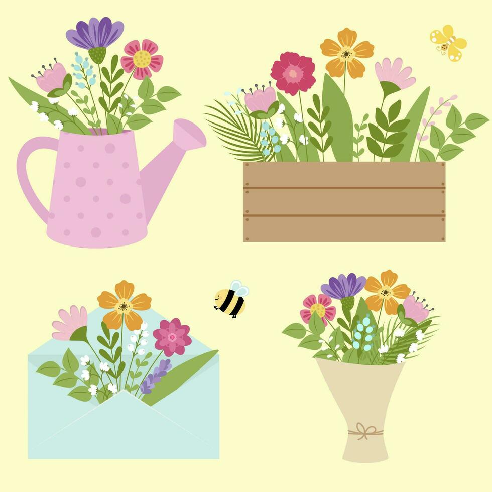 Bouquet of different flowers in a watering can, envelope, bouquet and seedling box.  Cute floral illustration for postcards isolated on white background. vector