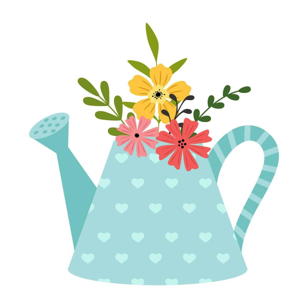 Vector illustration of watering can with flowers isolated on white background. Hand-drawn. Concept of springtime gardening, farming.