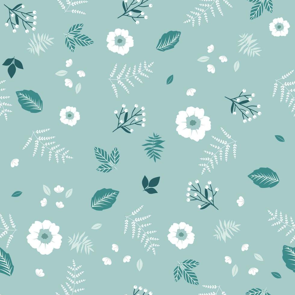 Simple vintage pattern. White flowers and leaves . Light blue background. Print for textiles, wallpaper and packaging. vector