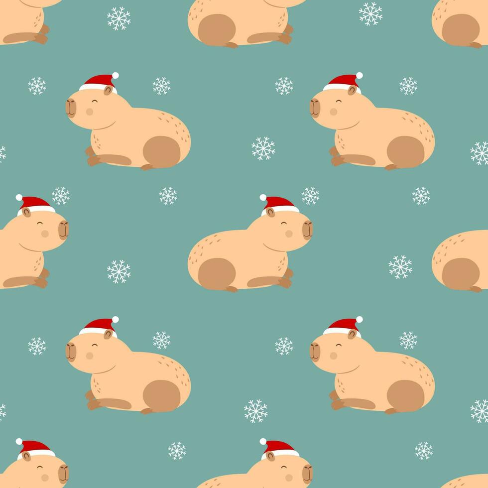 Seamless pattern with capybara in red hat and snowflakes Happy independence day. vector