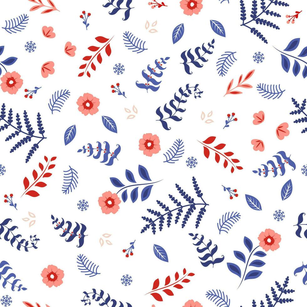 Hand-drawn floral winter seamless pattern with Christmas tree branches, berries and flowers. vector