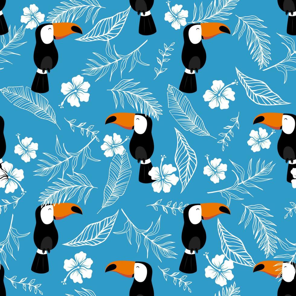 Seamless summer pattern with jungle bird, flower, leaves. Tropical toucan texture. vector